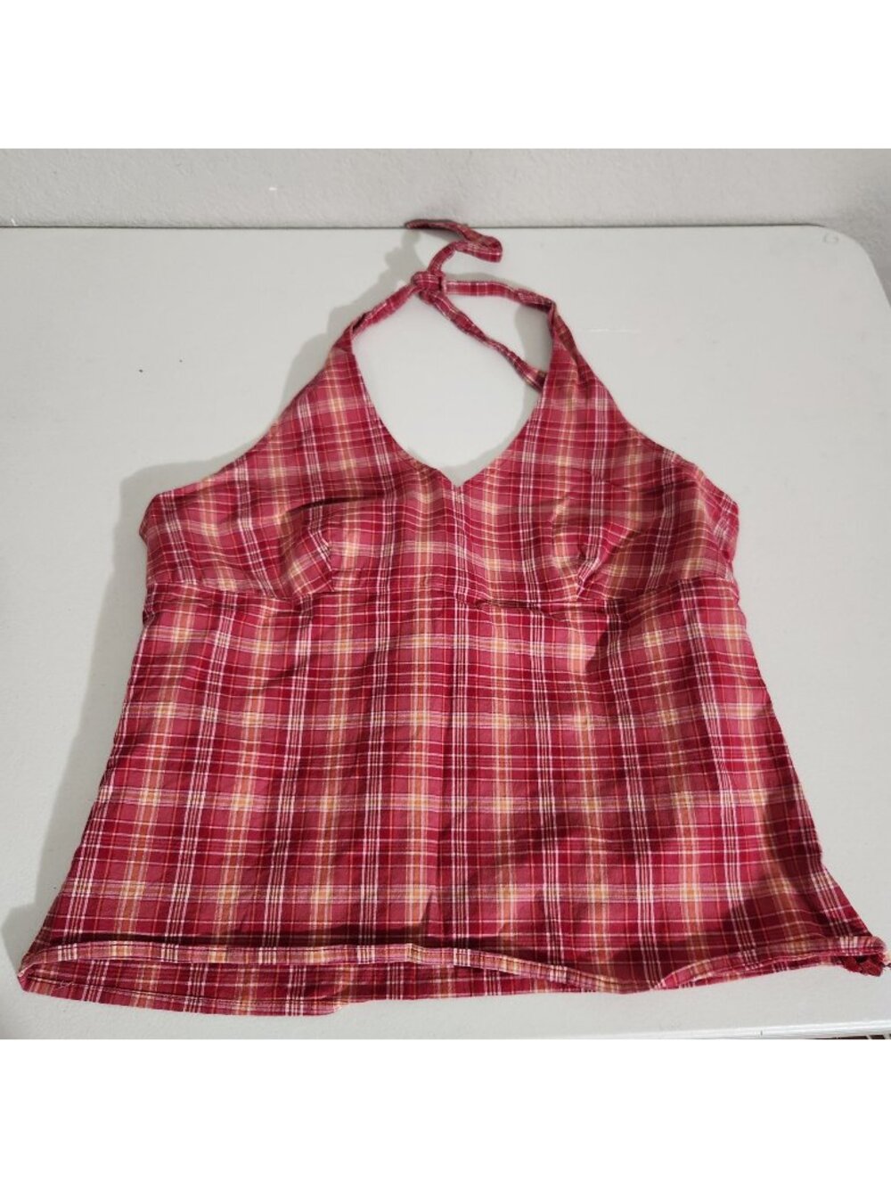 Old Navy Womens Halter Top Size L Red Plaid Stretch Cotton Blend